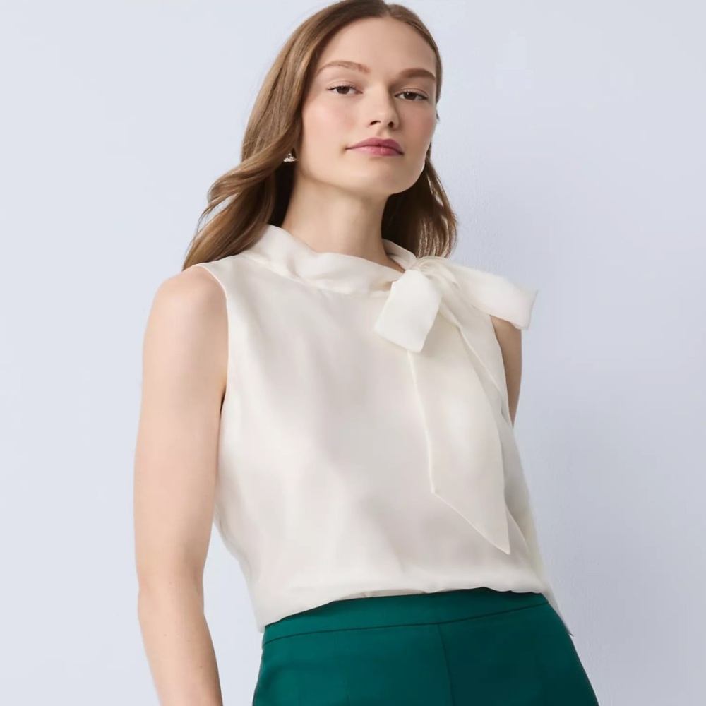 ANN TAYLOR Ivory Tie Neck Shell Top L Large EUC $60 KL